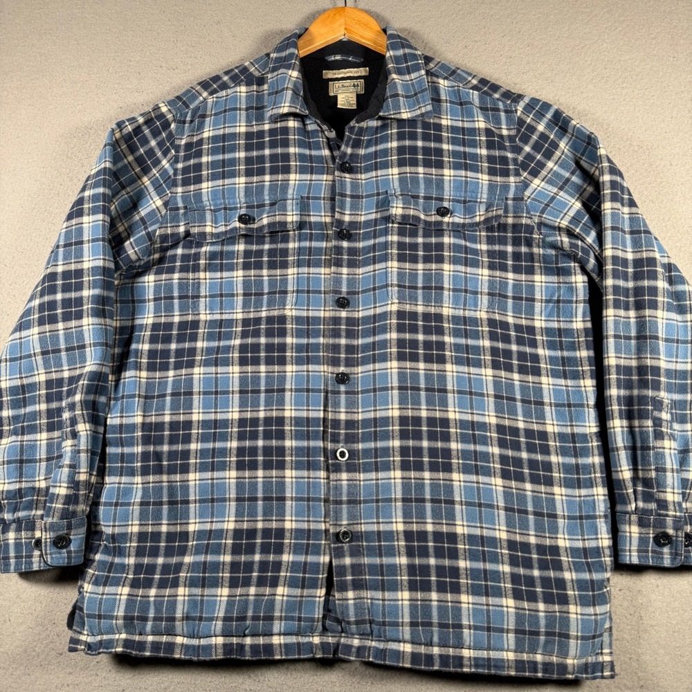 LL Bean Mens Blue Plaid Fleece Lined Flannel Shirt Jacket Traditional Fit Large